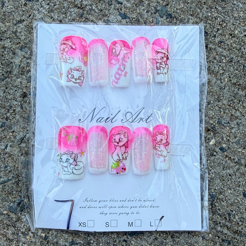 Disney Marie The Aristocats Press On Nails Pink Ombre Moving Glitter Coffin Long